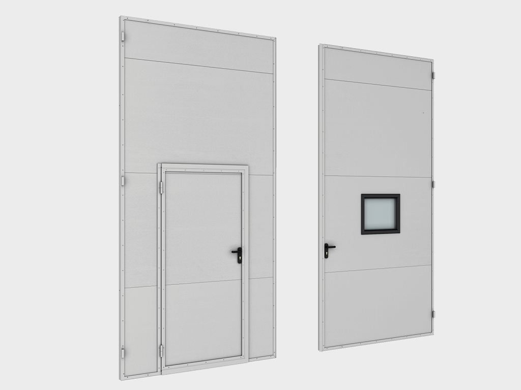 Две створки поставляются в сборе (сэндвич-панели толщиной 80 мм, стальные окантовочные профили, усиливающие уголки, петли со сменной осью, уплотнитель, механический замок). При автоматизации ворот по заданию заказчика замок в створки не устанавливается. Врезка калитки и окон выполняется опционально согласно техническому заданию.